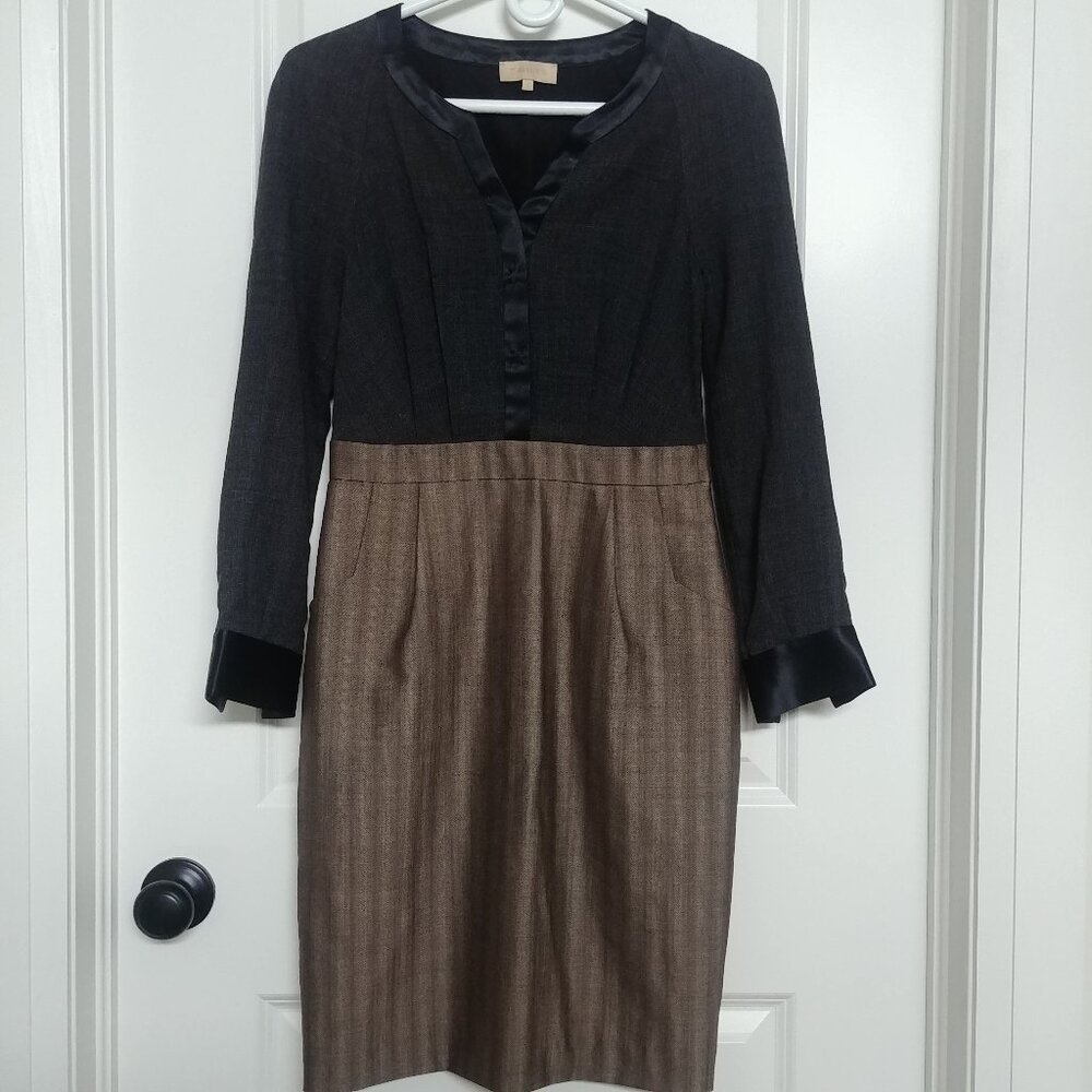 Ports International 1961 fitted dress dark grey bronze tan wool silk siz…